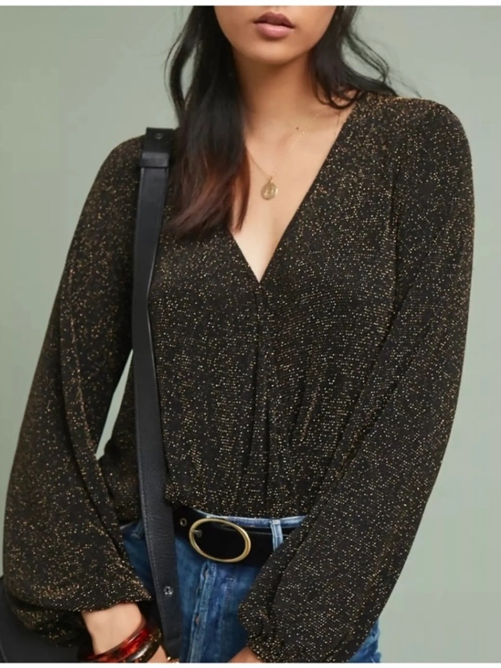 Anthropologie XL If By Sea Black Metallic Speckle Wrap V-Neck Top